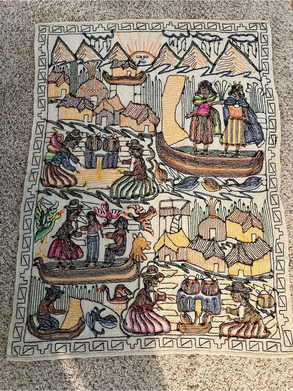 vintage Peruvian hand-embroidered wool tapestry 3’ 4” x 29”
